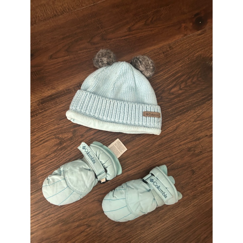 Columbia Kids Blue Beanie and Mittens Set Fleece Lined Pom Pom Hat O/S toddler